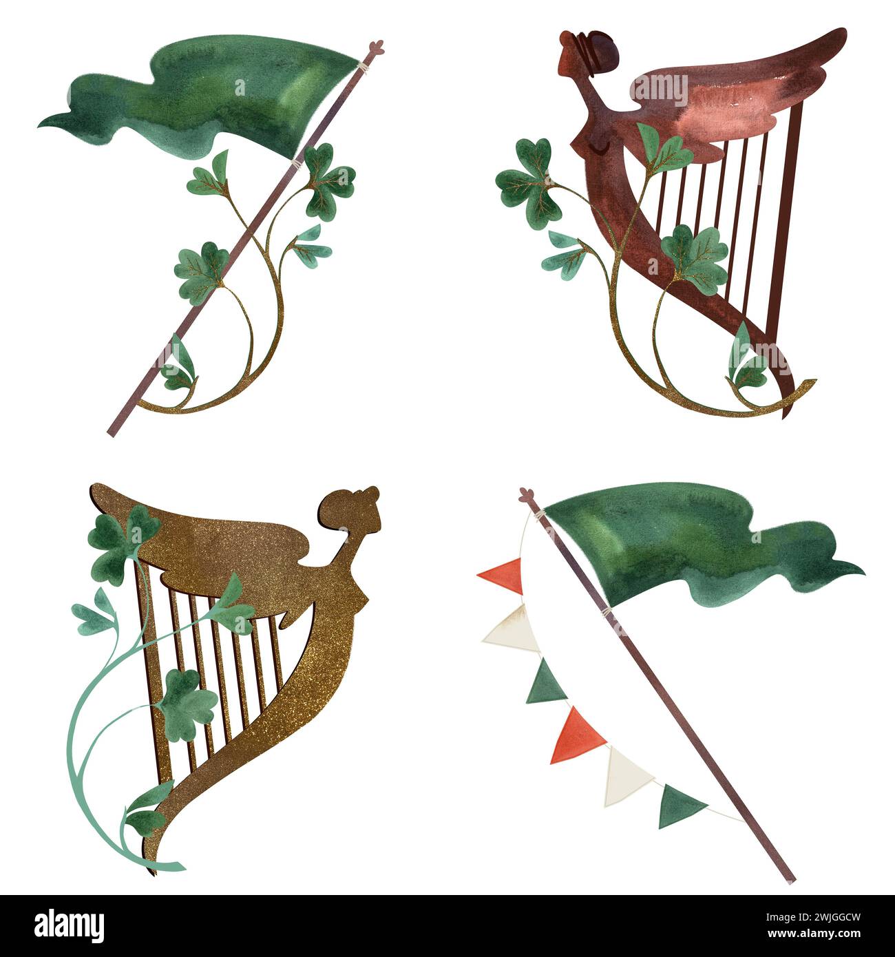 Serie di illustrazioni per St Giorno di Patrick. Composizioni per cartoline e decorazioni per le feste irlandesi. Illustrazione ad acquerello isolata su sfondo bianco Foto Stock