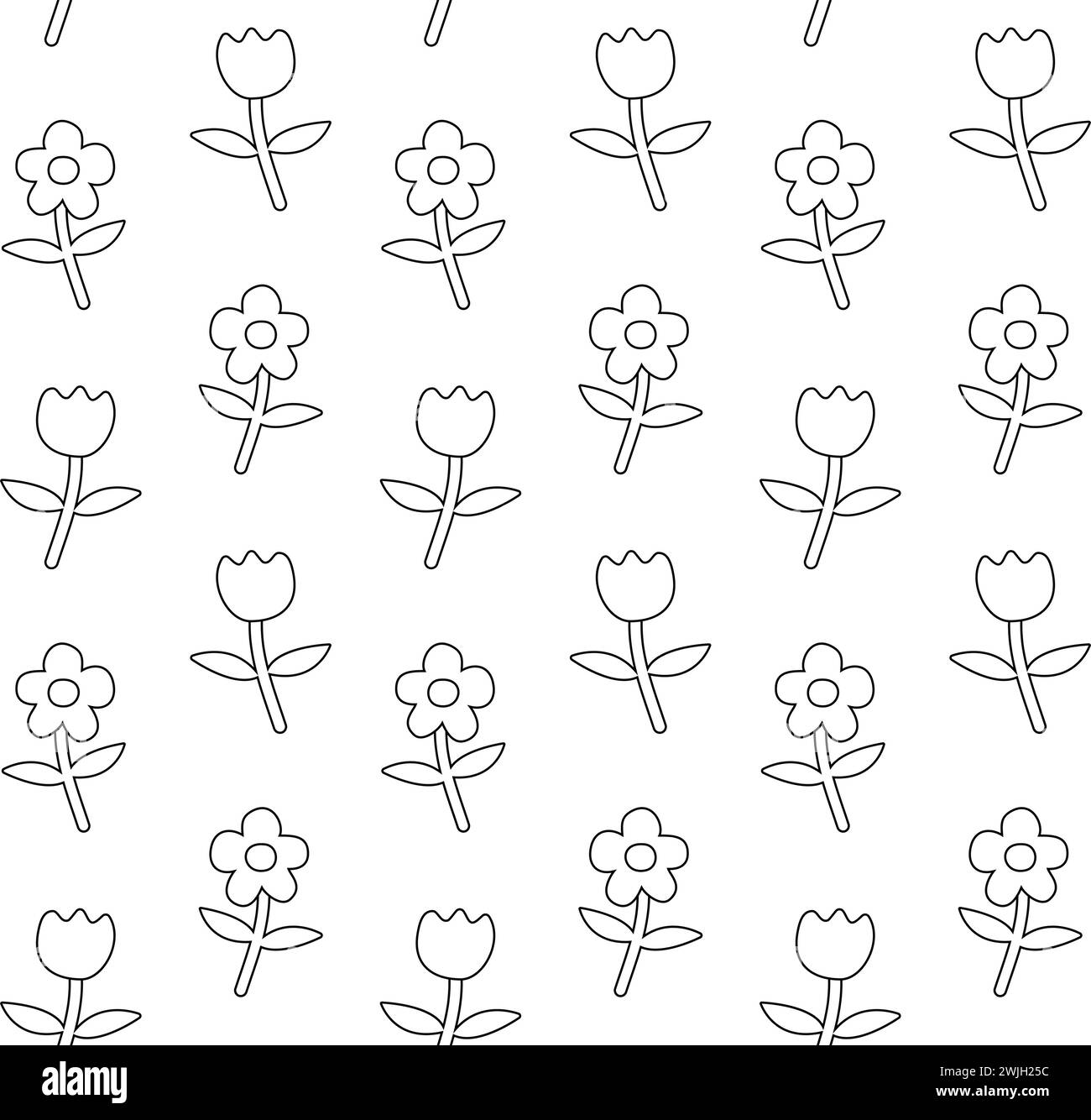 Motivo vettoriale senza cuciture del contorno del fiore piatto disegnato a mano isolato su sfondo bianco Illustrazione Vettoriale