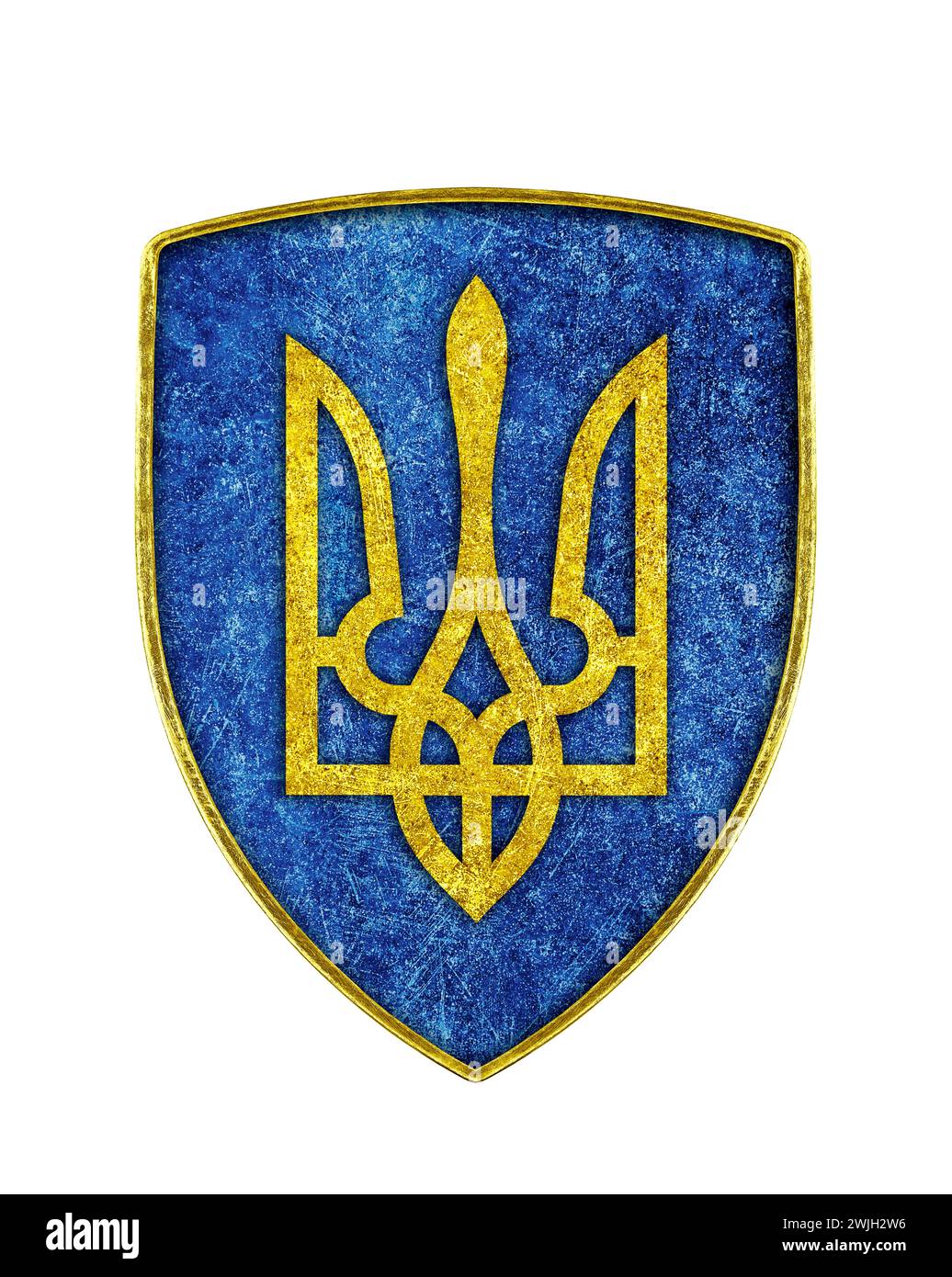 Vecchio scudo con stemma dell'Ucraina isolato su sfondo bianco Foto Stock