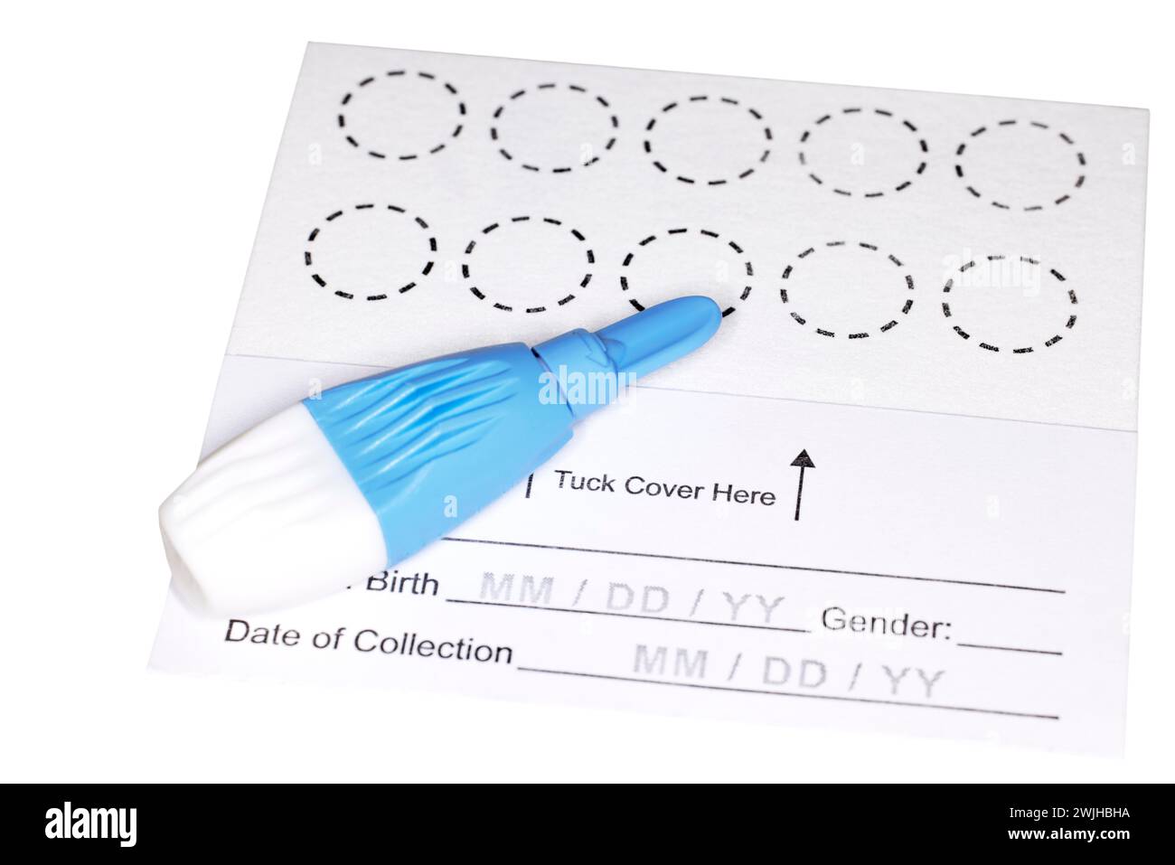 Nuovo cartoncino per test macchie di sangue essiccato con lancetta per test ormonali Foto Stock