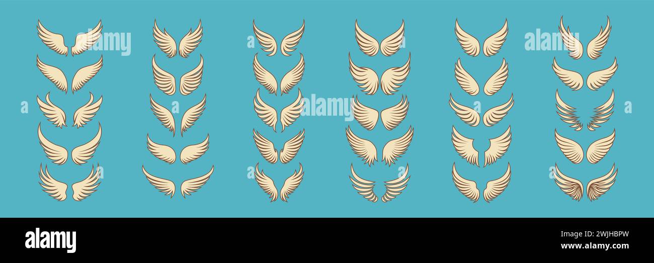 Set di icone dell'ala vettoriale. Silhouette vintage Angel Wings, icone, modello di design con logo, Clipart Collection. Cupido, Bird Wings. Illustrazione vettoriale Illustrazione Vettoriale