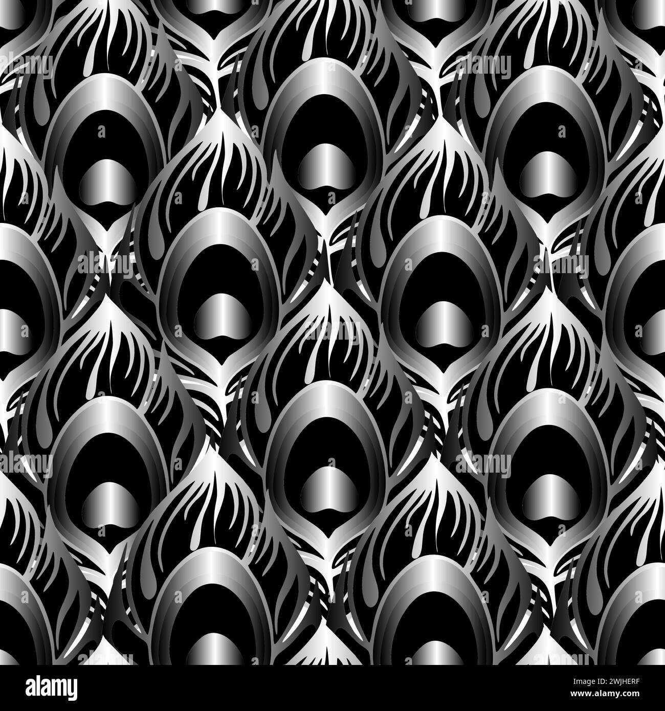 motivo simmetrico senza cuciture di piume di pavone nei colori nero e grigio, texture, design Foto Stock