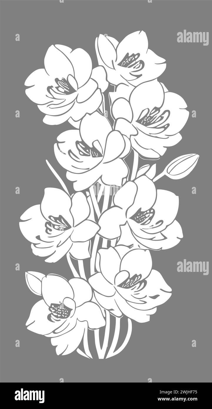 disegno lineare grafico bianco del fiore di orchidea su sfondo grigio, design Foto Stock