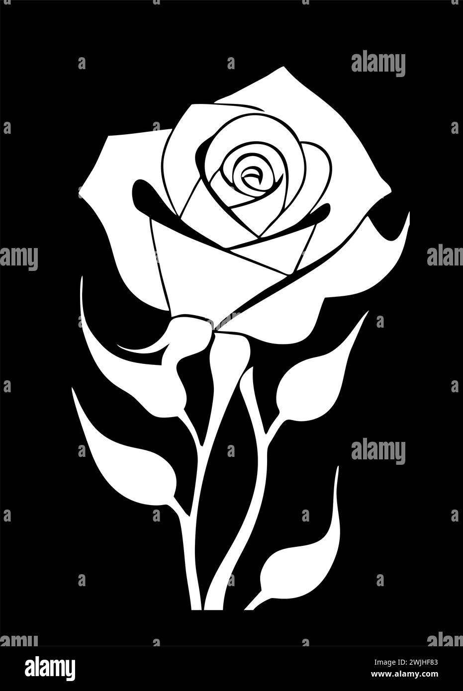 disegno grafico bianco di un fiore di rosa con foglie su sfondo nero, logo Foto Stock