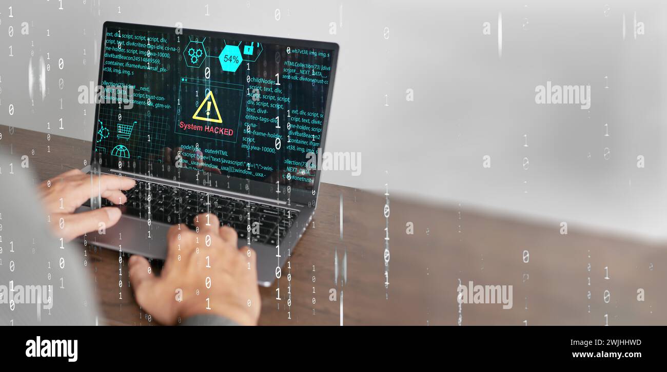 Concetto di sicurezza informatica. Avvisi di avviso di sistema violati sullo schermo di un notebook. Criminalità informatica, virus, hacking online, cyber attacco, malware dannoso Foto Stock