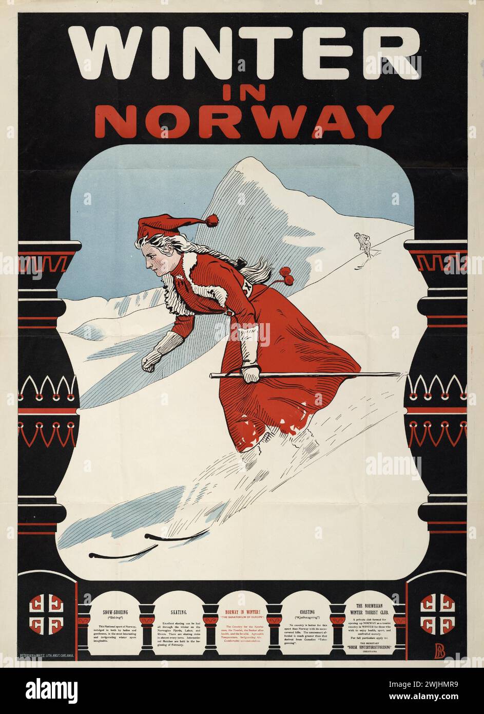 Poster di viaggio vintage. Poster del turismo norvegese, che vende la Norvegia come destinazione invernale, con una donna vestita di rosso che sciava giù per le piste Foto Stock