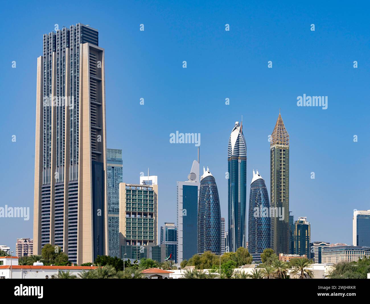 Dubai, i grattacieli del centro e Sheik Zayed Road, Emirati Arabi Uniti, Medio Oriente Foto Stock