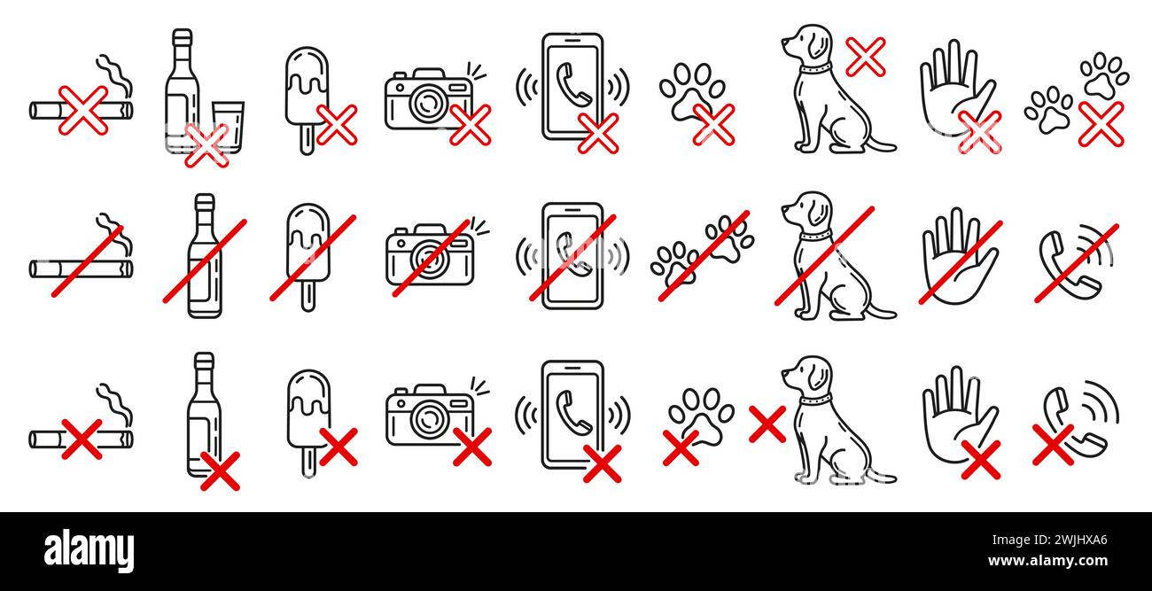Cartello di divieto, animali domestici non ammessi, fumo, ingresso vietato agli animali domestici, cibo e bevande, non toccare, utilizzare l'icona della linea del telefono cellulare e della fotocamera. Vettore Illustrazione Vettoriale
