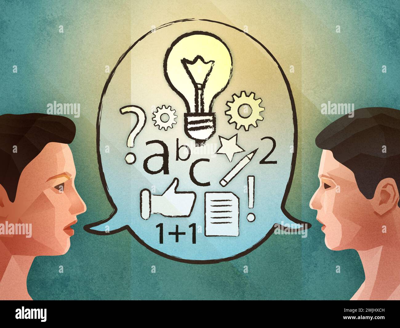 Due persone che fanno brainstorming e trovano nuove idee. Illustrazione digitale. Foto Stock