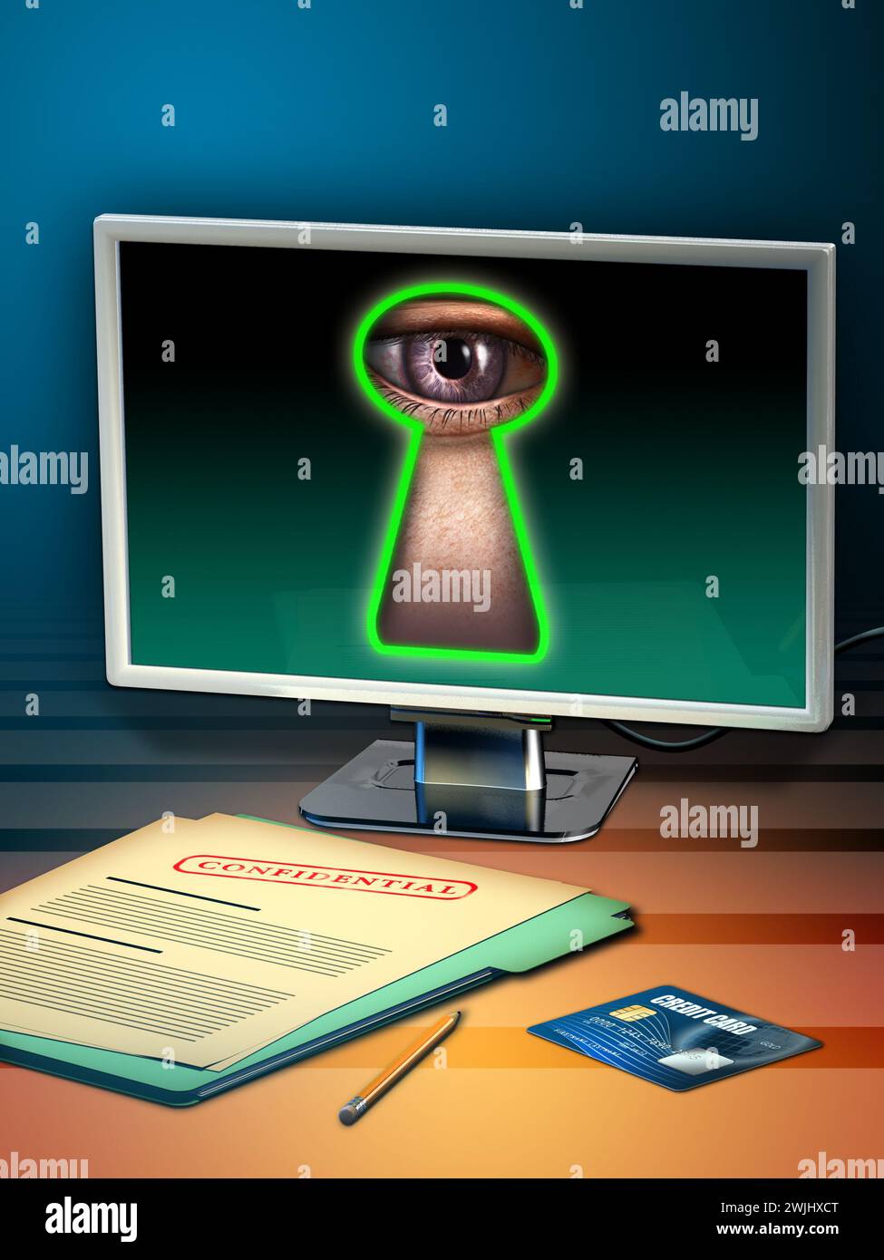 Uso di Internet per rubare dati personali. Illustrazione digitale. Foto Stock