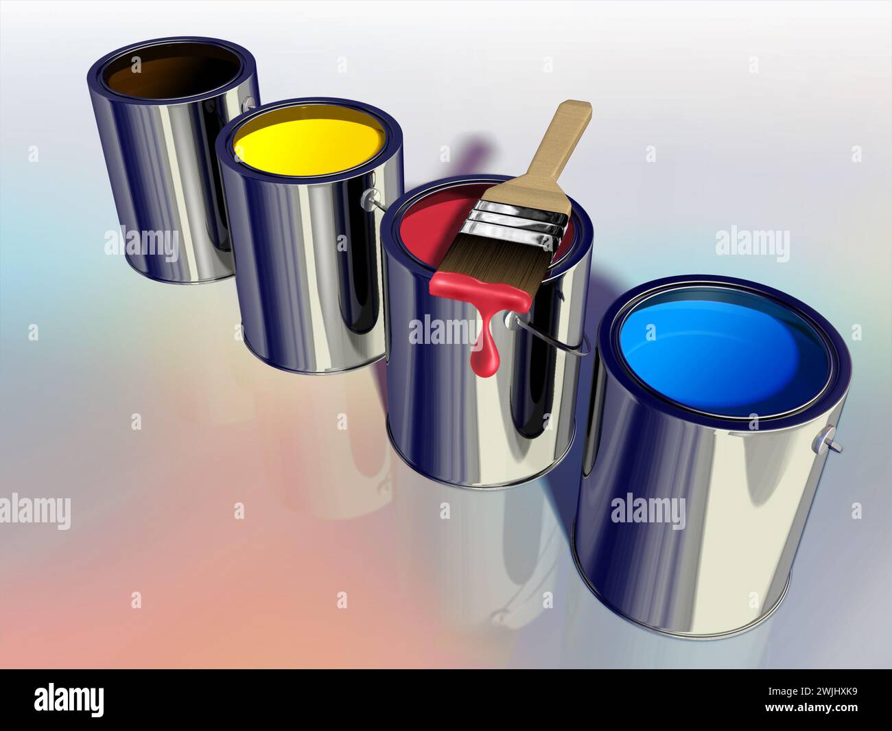 Colori primari per la verniciatura in secchi. Illustrazione digitale. Foto Stock