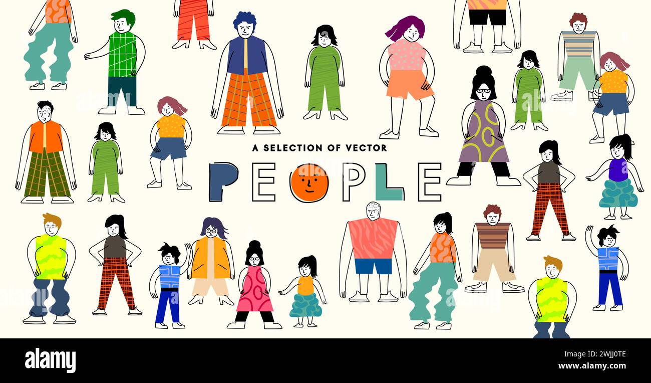 Personaggi della comunità colorati e astratti fatti di linee e forme di collage. Illustrazione vettoriale Illustrazione Vettoriale