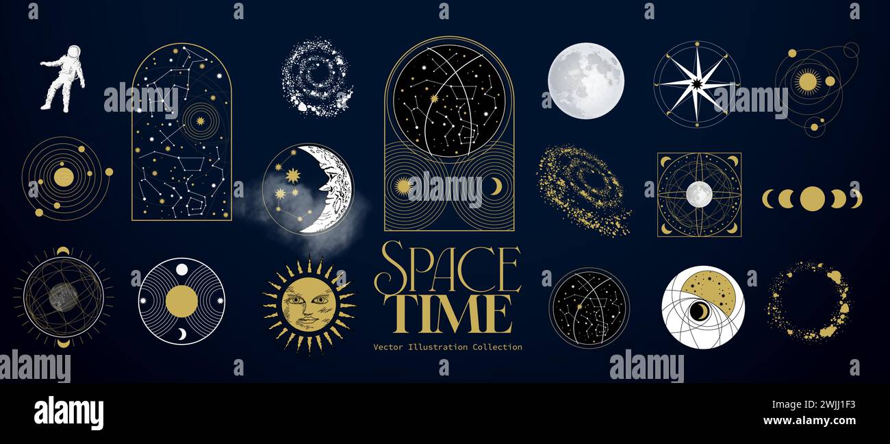 Una collezione di astrologia e astronomia spazio segni spirituali e oggetti stellari. Illustrazione vettoriale Illustrazione Vettoriale
