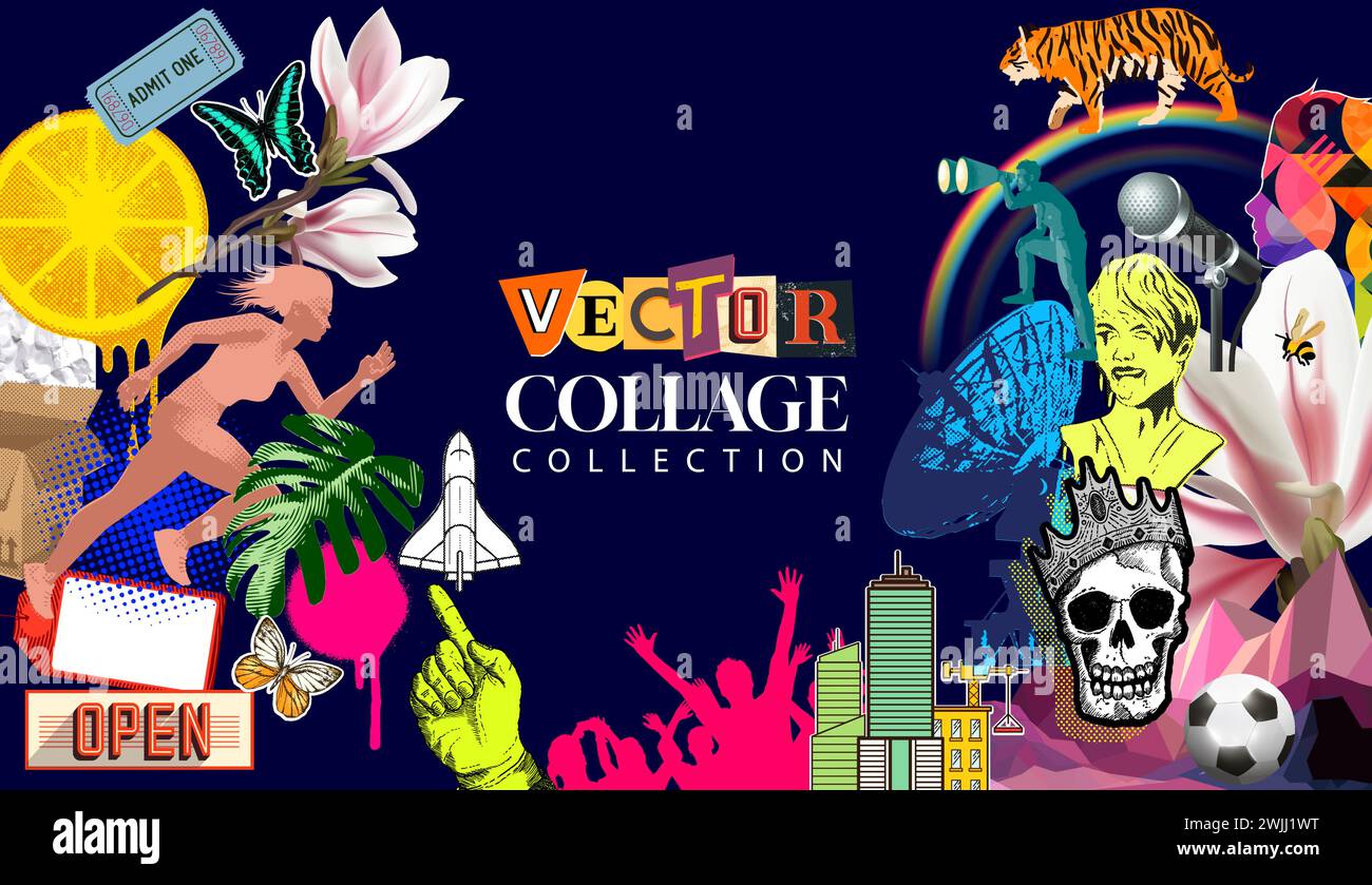 Una collezione vettoriale di oggetti casuali, da quelli di uso quotidiano a quelli più selvaggi e unici. Creare collage Illustrazione Vettoriale