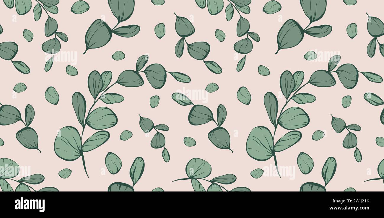Linea botanica motivo senza cuciture di un ramo di foglie di eucalipto per inviti e biglietti di nozze, prodotti tessili, Web, carta da imballaggio e poster, temp Illustrazione Vettoriale