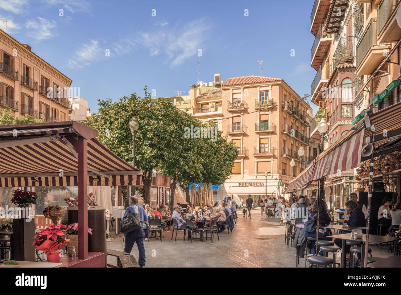 Plaza de las Flores, uno spazio urbano pedonale nella città vecchia della città spagnola di Murcia. Centro città pieno di bar e ristoranti, Spagna. Foto Stock