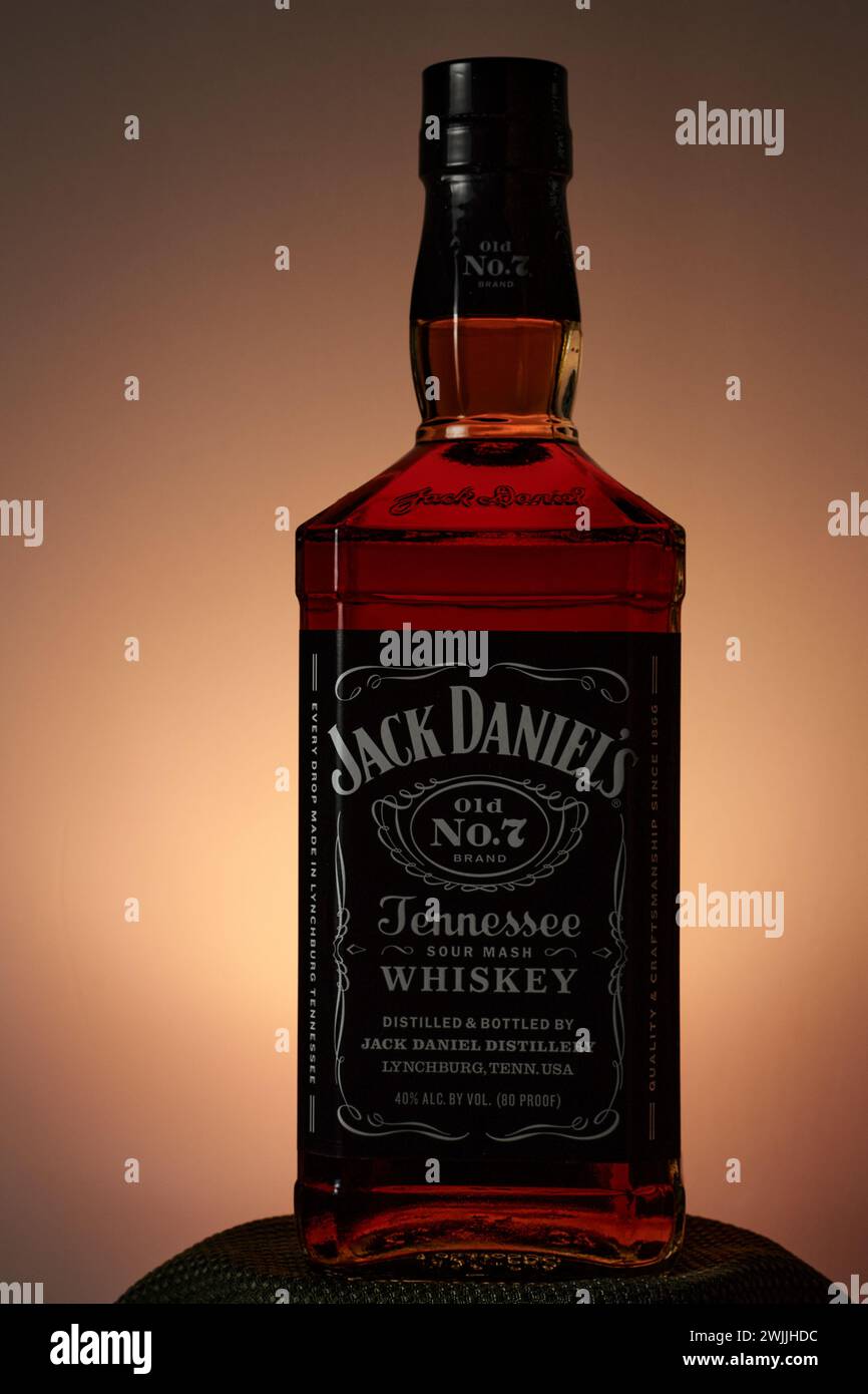 Jack Daniel e' il VECCHIO numero 7. Brand Tennessee Sour Mash Whiskey, Lynchburg, Tennessee, Stati Uniti!! Foto Stock