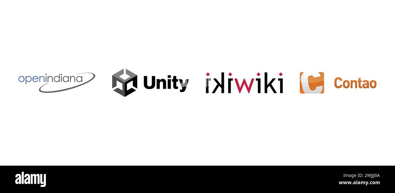 Contao, Unity, Open Indiana, Ikiwiki . Illustrazione vettoriale, logo editoriale. Illustrazione Vettoriale