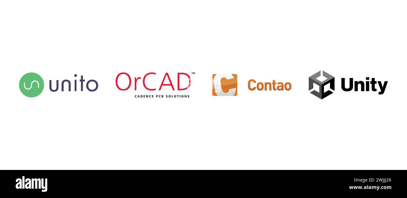 Unito, Contao, OrCAD, Unity. Illustrazione vettoriale, logo editoriale. Illustrazione Vettoriale
