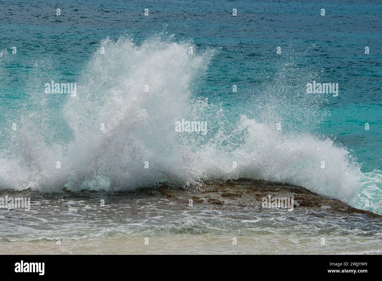 Infrangere le onde sulle rocce vicino alla riva, grandi spruzzi, Mahe Seychelles Foto Stock
