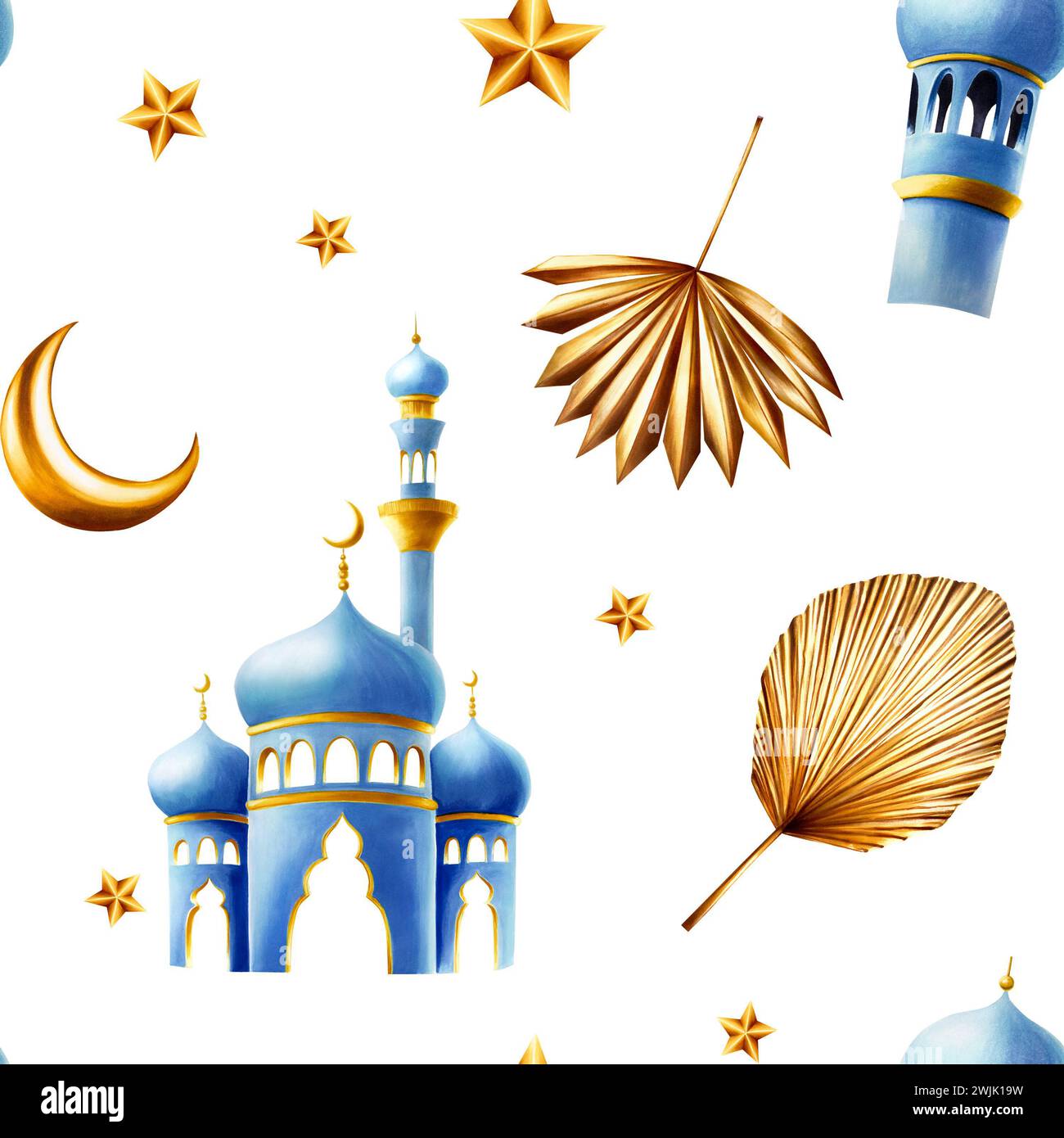 Motivo ad acquerello senza cuciture con moschea islamica e minareto, erba di pampas dorata, rami di palma da dattero, illustrazioni di luna e stelle isolate su backgroun Foto Stock