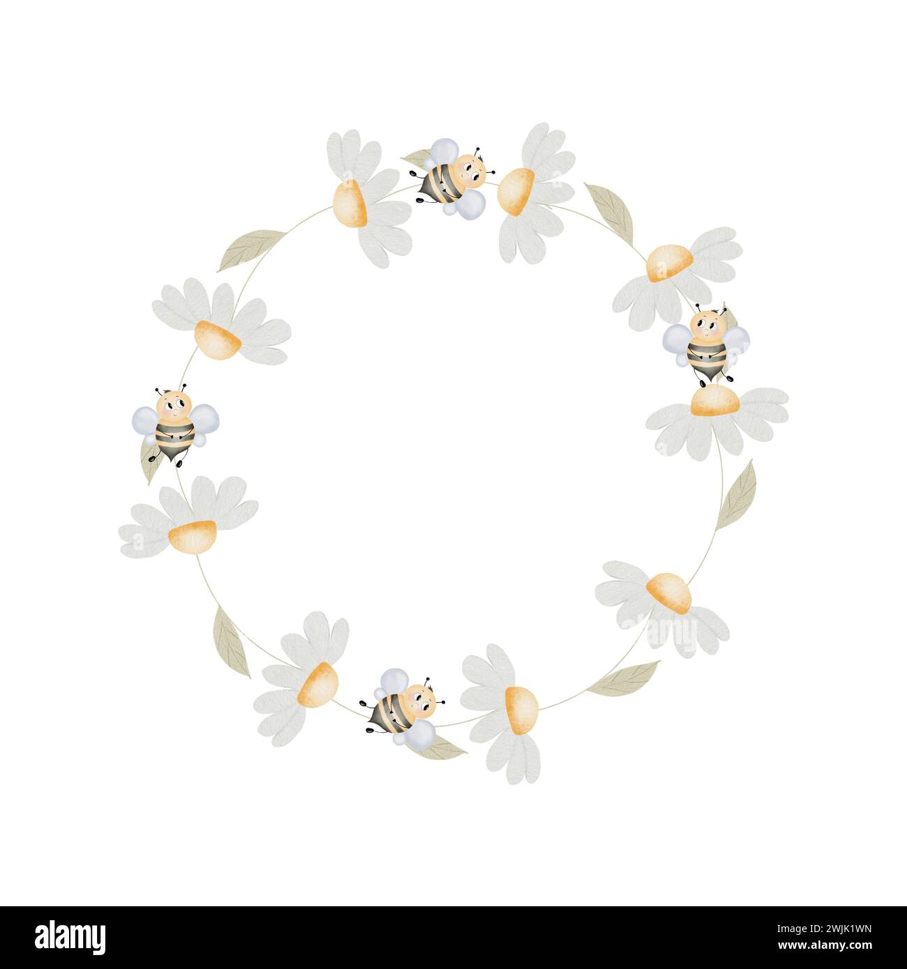 Cornice ad acquerello con api e fiori. Clip art su sfondo bianco isolato con graziosi insetti e margherite. Stile di disegno ingenuo. Per la progettazione Foto Stock