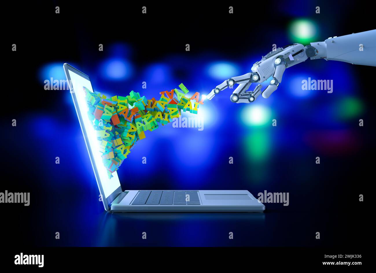 Concetto di apprendimento automatico con robot di rendering 3d e tecnologia ai Foto Stock