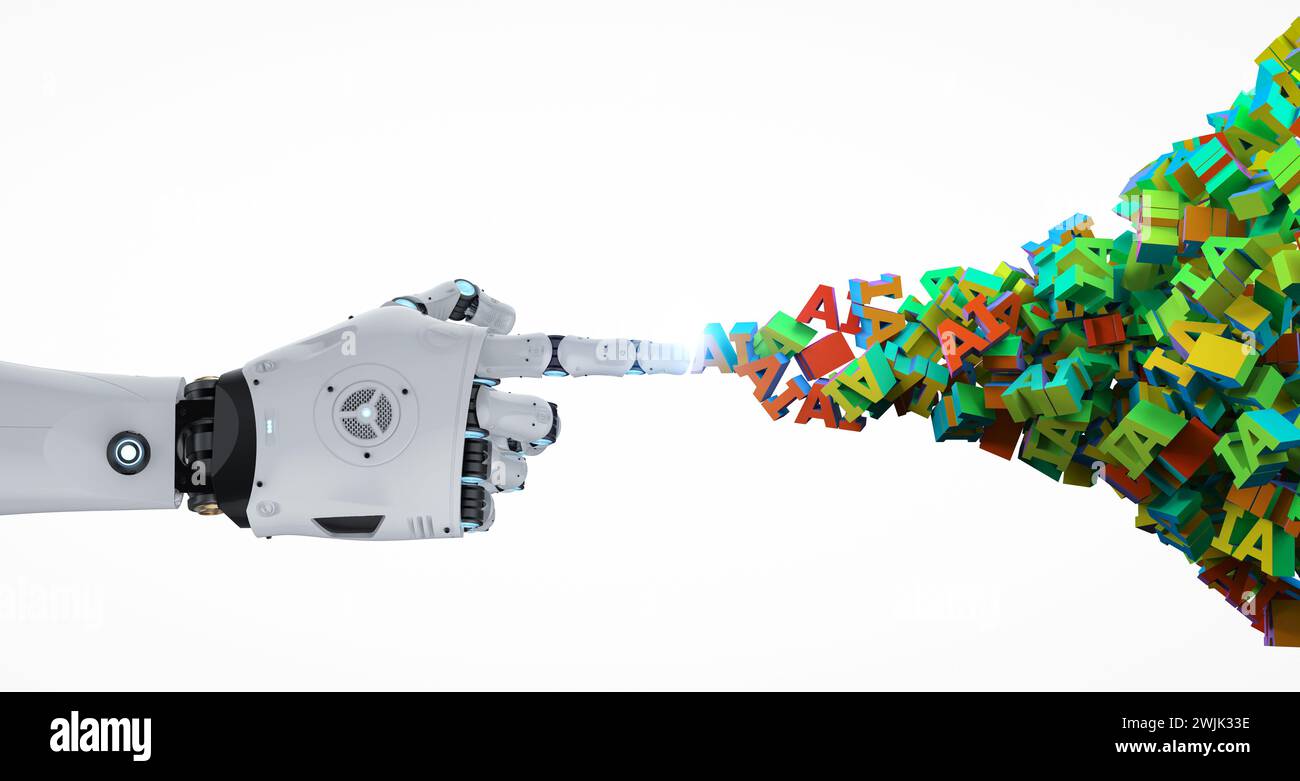 Concetto di apprendimento automatico con robot di rendering 3d e tecnologia ai Foto Stock