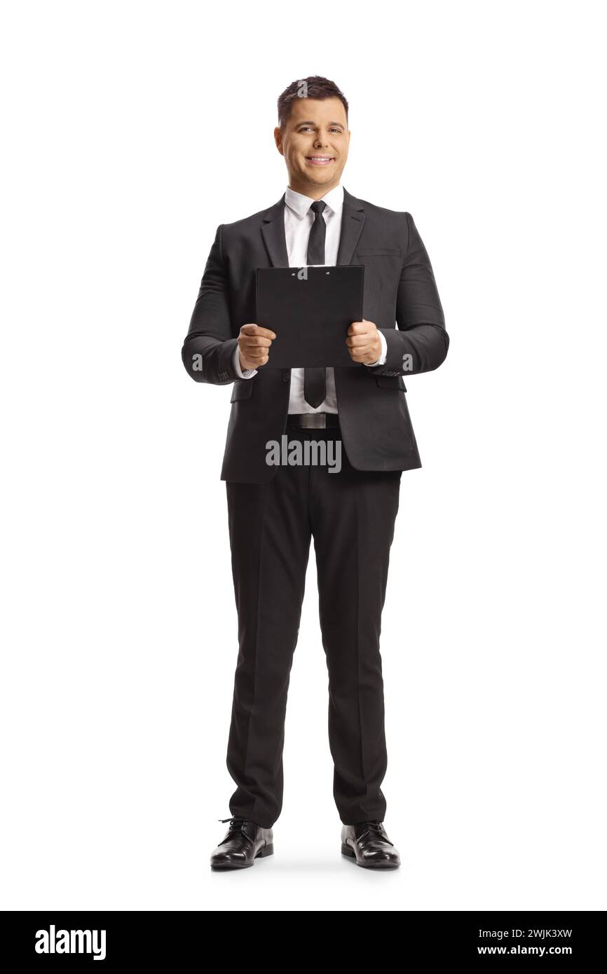 Uomo d'affari in piedi con un portadocumenti isolato su sfondo bianco Foto Stock