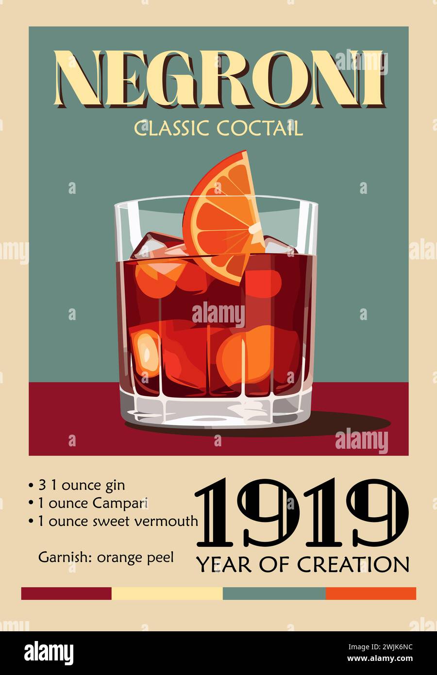 Negroni Coktail retro poster grafica vettoriale. Illustrazione Vettoriale