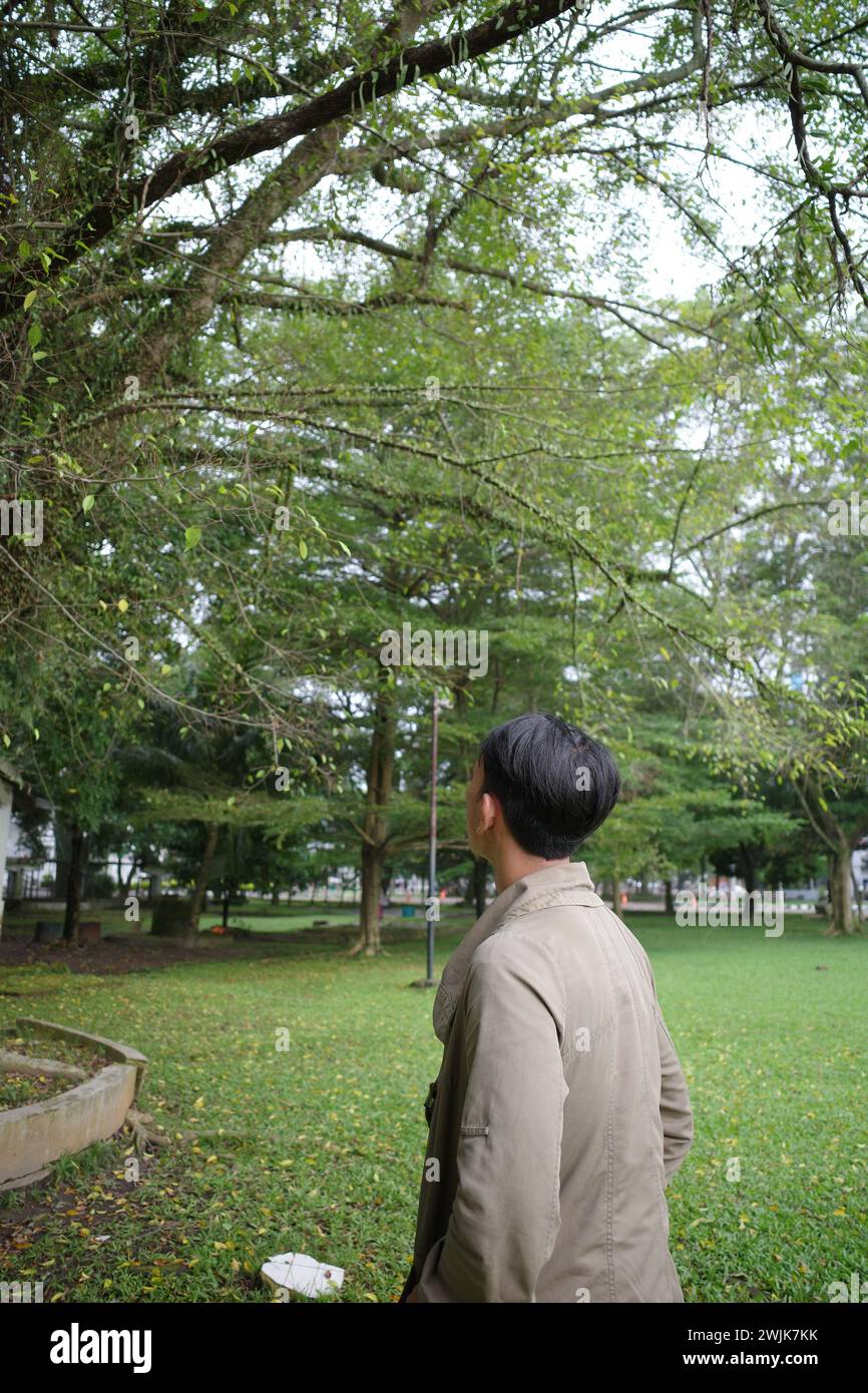 Nel mezzo del traffico urbano della città di Medan, gli amici trovano conforto e gioia nell'abbraccio della natura, creando ricordi senza tempo in mezzo a strade trafficate Foto Stock