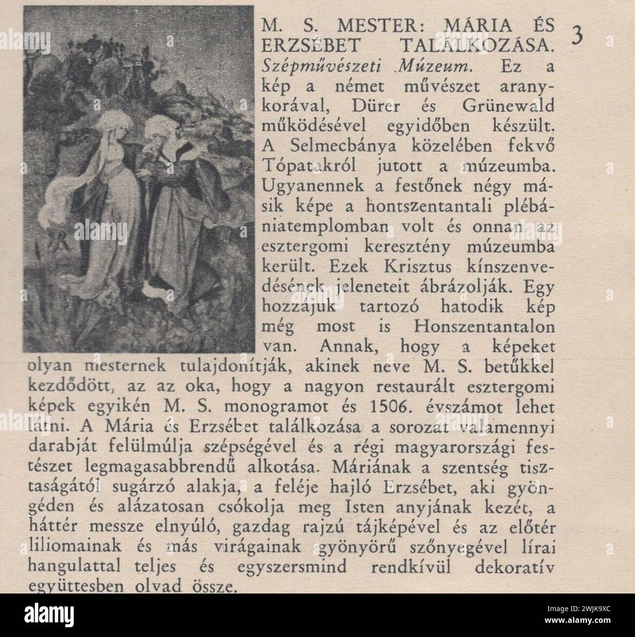 Petrovics Elek. Magyar mesterművek. Budapest, 1936. Pesti Napló. / capolavori ungheresi / pittori ungheresi / belle arti ungheresi / magyar festők / magyar képzőművészek /pittori ungheresi. Descrizione dei dipinti di proprietà del tempo in cui il libro è stato pubblicato (1936) / Részletes képleírások, műelemzések, és a könyv kiadásának idejében (1936) lévő tulajdonosok megnevezése : Szépművészeti Múzeum / il dipinto apparteneva nel 1936 Museo di Belle Arti M. S. mester : Mária és Erzsébet találkozása / M. S. Vecchio Maestro ungherese incontro di Maria ed Elisabetta ( Santa ) Foto Stock