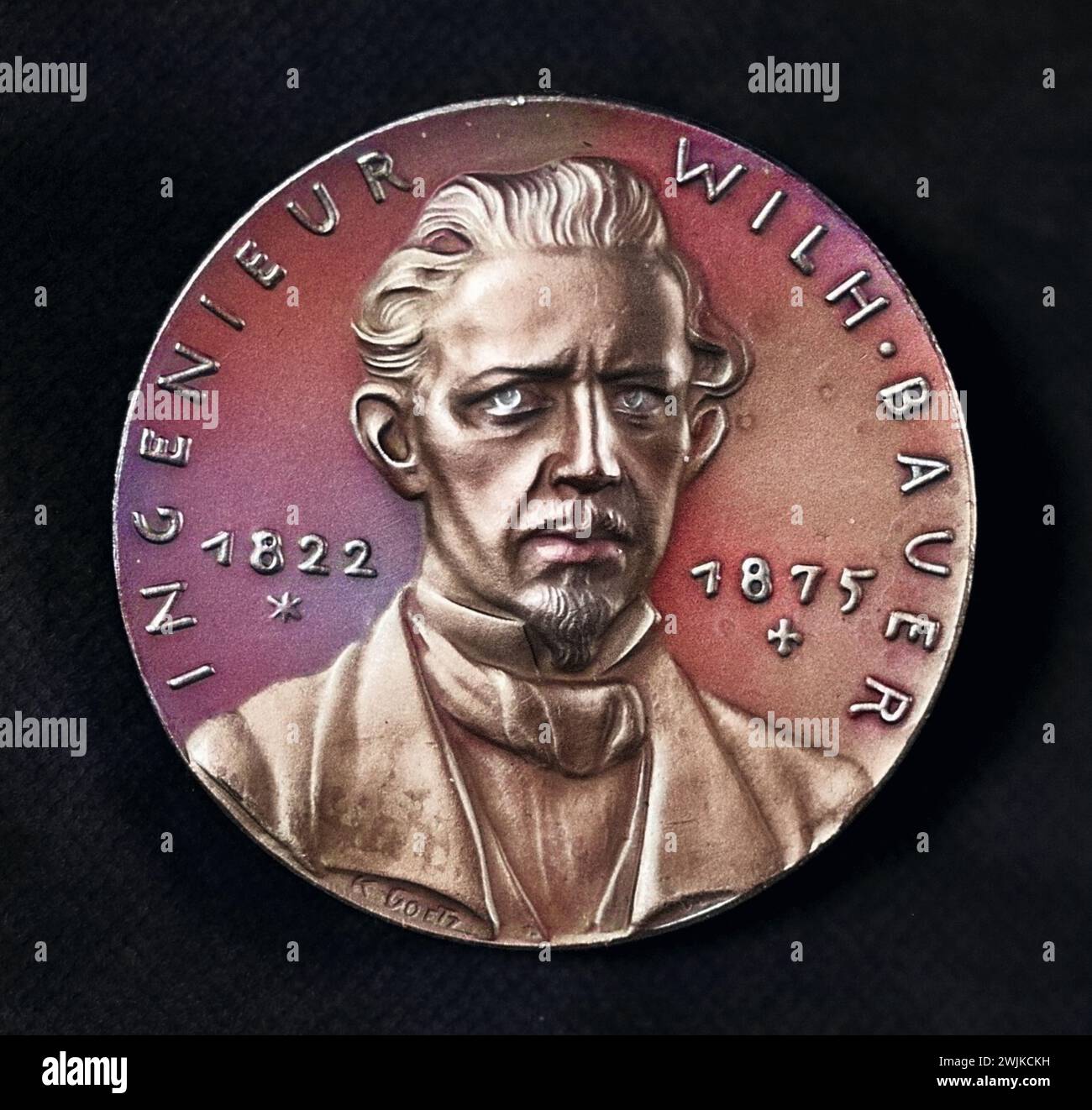 Sebastian Wilhelm Valentin Bauer (geb. 23. Dezember 1822 a Dillingen an der Donau; Gest. 20. Juni 1875 in München) War ein deutscher Erfinder, der 1850 das erste moderne Unterseeboot nach seinen Plänen in Kiel erbauen ließ und 1851 am Tauchversuch teilnahm, Historisch, digital restaurierte Reproduktion von einer Vorlage aus dem 19. Jahrhundert, data record non dichiarata Foto Stock