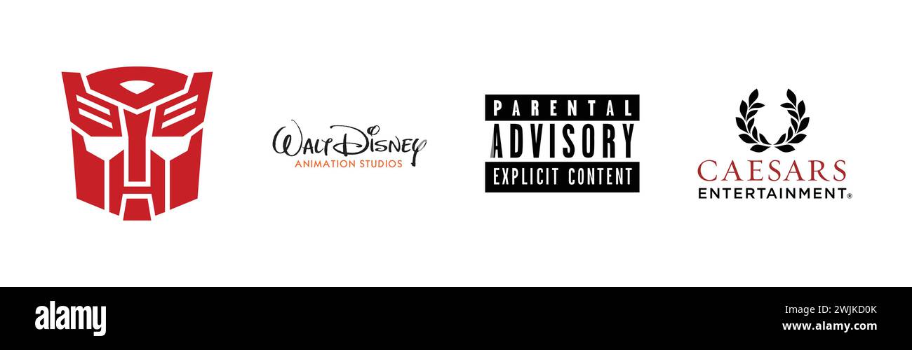 Consulenza parentale, Walt Disney Animation Studios, Transformers Autobot, Caesars Entertainment, famosa collezione di logo del marchio. Illustrazione Vettoriale