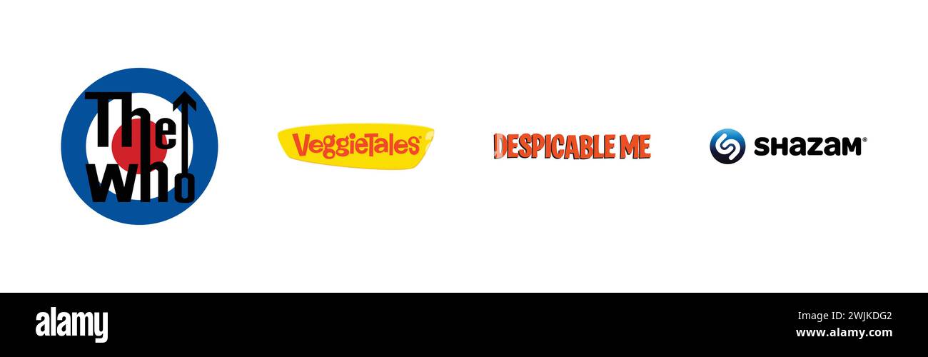 Shazam, The Who, Veggie Tales, Despicable me, popolare collezione di logo del marchio. Illustrazione Vettoriale