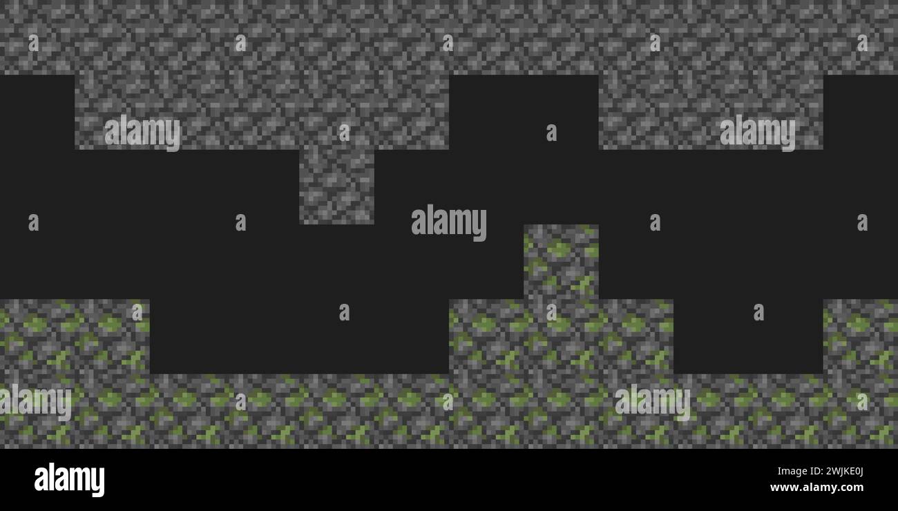 Sfondo livello sotterraneo in stile Pixel mine. Concetto di pietra da gioco artigianale con sfondo orizzontale pixelato e senza cuciture con ciottoli muschiati Illustrazione Vettoriale