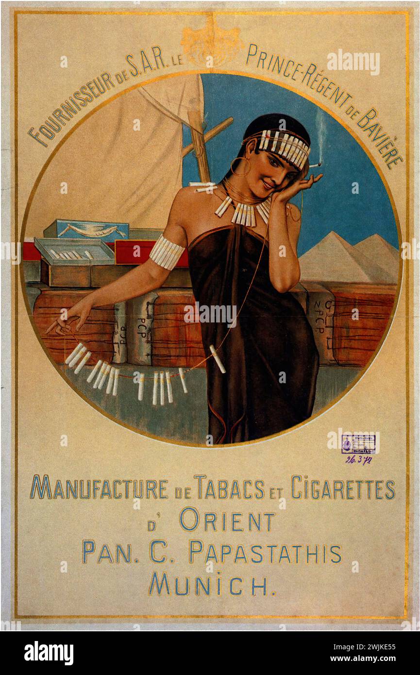 "Manufacture de Tabacs et Cigarettes d'Orient" ["Manufacture of Tobacco and Cigarettes from the Orient"] pubblicità tedesca d'epoca che mostra un'immagine esotizzata di una donna con elementi orientalisti, comune nelle pubblicità europee della fine del XIX secolo Foto Stock