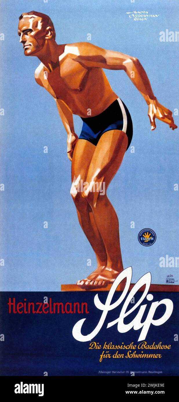 "Heinzelmann Slip Die klassische Badehose für den Schwimmer" ['Heinzelmann Slip The Classic Swim trunk for the swimmer'] pubblicità tedesca d'epoca che mostra una figura maschile muscolosa pronta ad immergersi, esemplificando le linee pulite e il design modernista degli anni '1930 Foto Stock