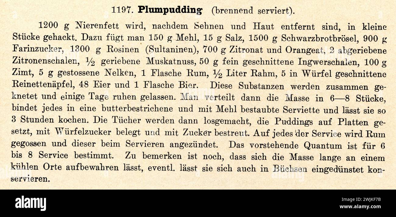 Budino di prugne, servito a fuoco, ricetta , (libro di pasticceria, 1904), Plumpudding, brennend serviert, Rezept Foto Stock