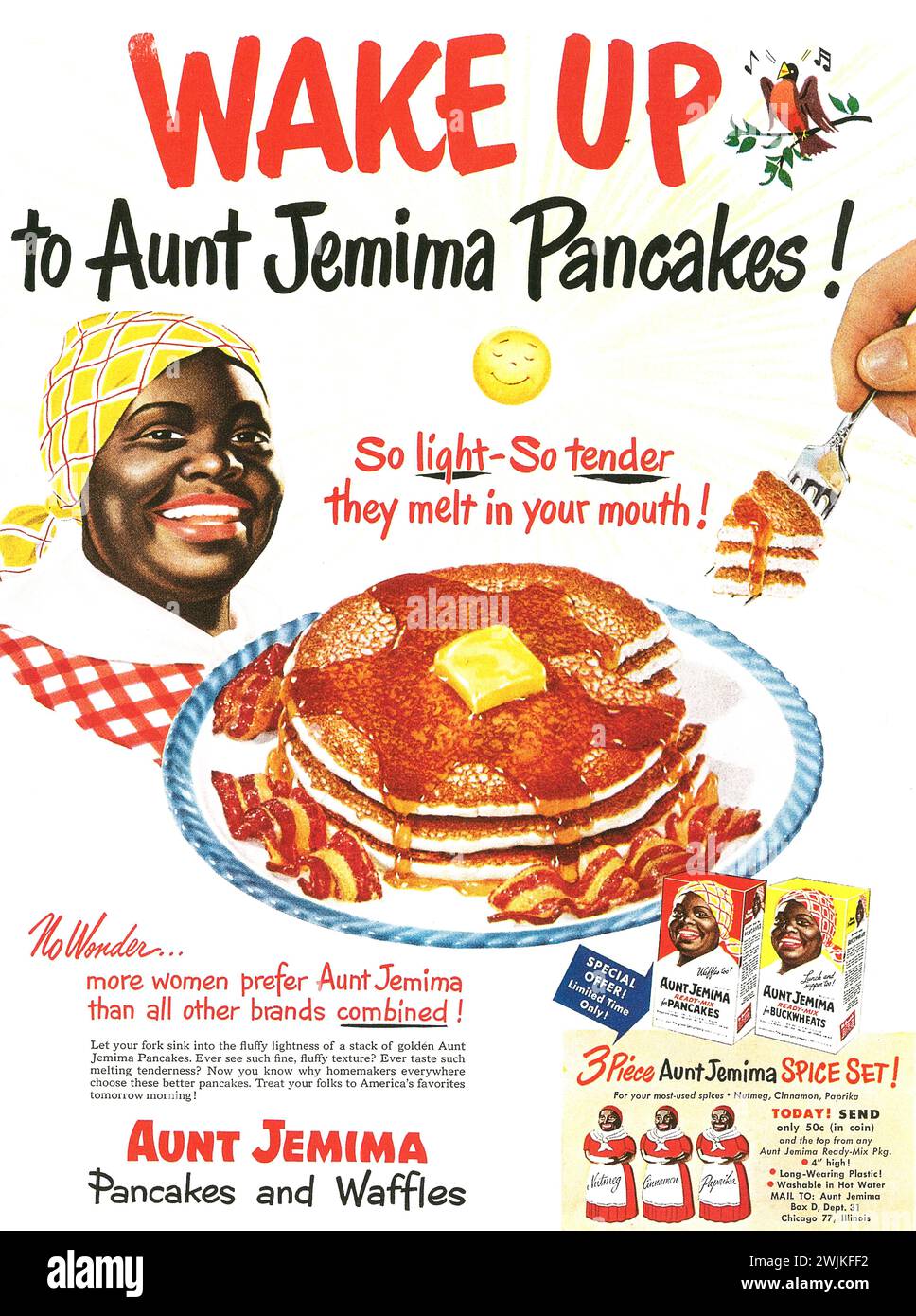 1950 ad annunci di pancake e waffle della zia Jemima. Il mix di pancake con il marchio Aunt Jemima è stato prodotto dalla Pearl Milling Company dal 1889 Foto Stock