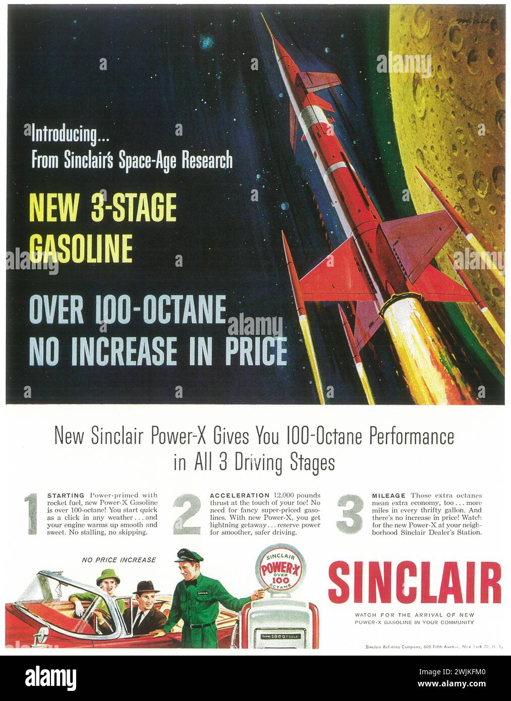 1959 olio Sinclair ad. 'Presentazione... Dalla NUOVA BENZINA a 3 STADI DI Sinclair Space Age Research Foto Stock