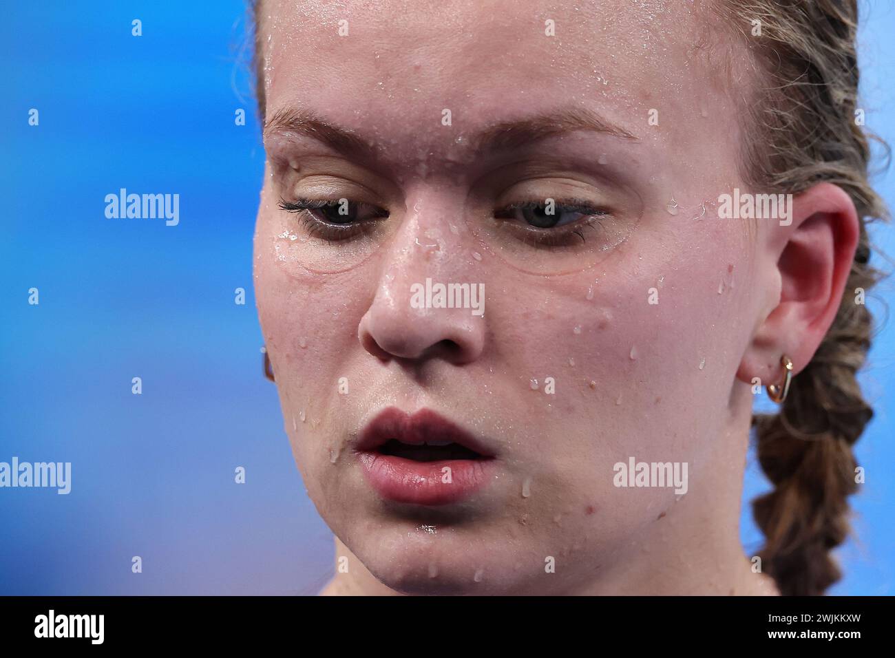 Doha, Qatar. 16 febbraio 2024. Il belga Alisee Pisane è stato raffigurato in azione durante i 800m freestyle femminili ai Campionati mondiali di nuoto a Doha, Qatar, venerdì 16 febbraio 2024. BELGA PHOTO NIKOLA KRSTIC credito: Belga News Agency/Alamy Live News Foto Stock