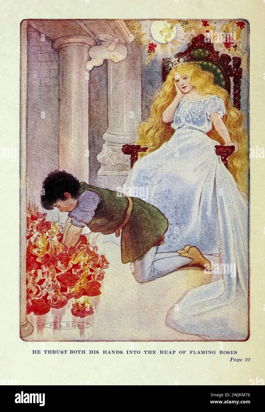 HA SPINTO ENTRAMBE LE MANI NEL MUCCHIO DI FIAMMEGGIANTI rose dalla principessa e Curdie è un classico romanzo fantasy per bambini di George MacDonald della fine del 1883. Il libro è il sequel di The Princess and the Goblin. L'avventura continua con la principessa Irene e Curdie un anno o due più grandi. Devono rovesciare una serie di ministri corrotti che stanno avvelenando il padre di Irene, il re. Anche la nonna di Irene riappare e dà a Curdie uno strano dono. Un mostro di nome Lina aiuta la sua ricerca. Foto Stock