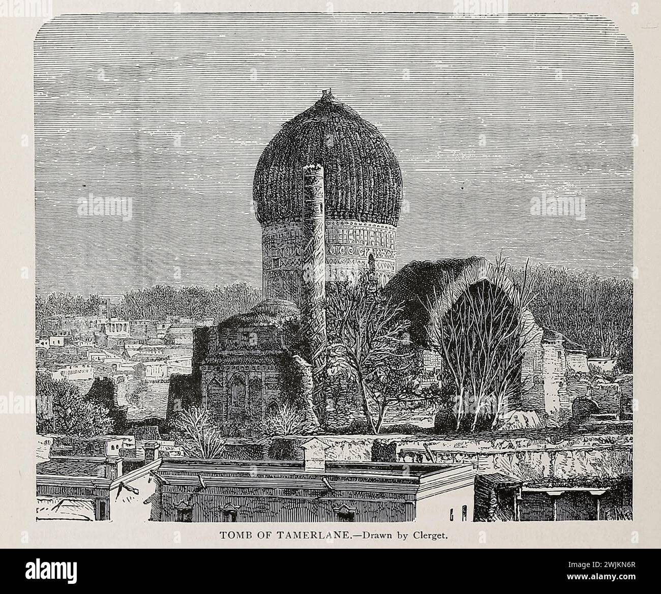 Tomba di Tamerlano di Clerget [ Timur o Tamerlano (8 aprile 1336 – 17 febbraio 1405) è stato un conquistatore turco-mongolo che fondò l'Impero timuride nell'Afghanistan, Iran e Asia centrale, diventando il primo sovrano della dinastia timuride. Un comandante imbattuto, è ampiamente considerato come uno dei più grandi leader militari e tattici della storia, nonché uno dei più brutali e mortali. Timur è anche considerato un grande mecenate dell'arte e dell'architettura in quanto interagiva con intellettuali come Ibn Khaldun, Hafez e Hafiz-i Abru e il suo regno introdusse i timuridi Foto Stock