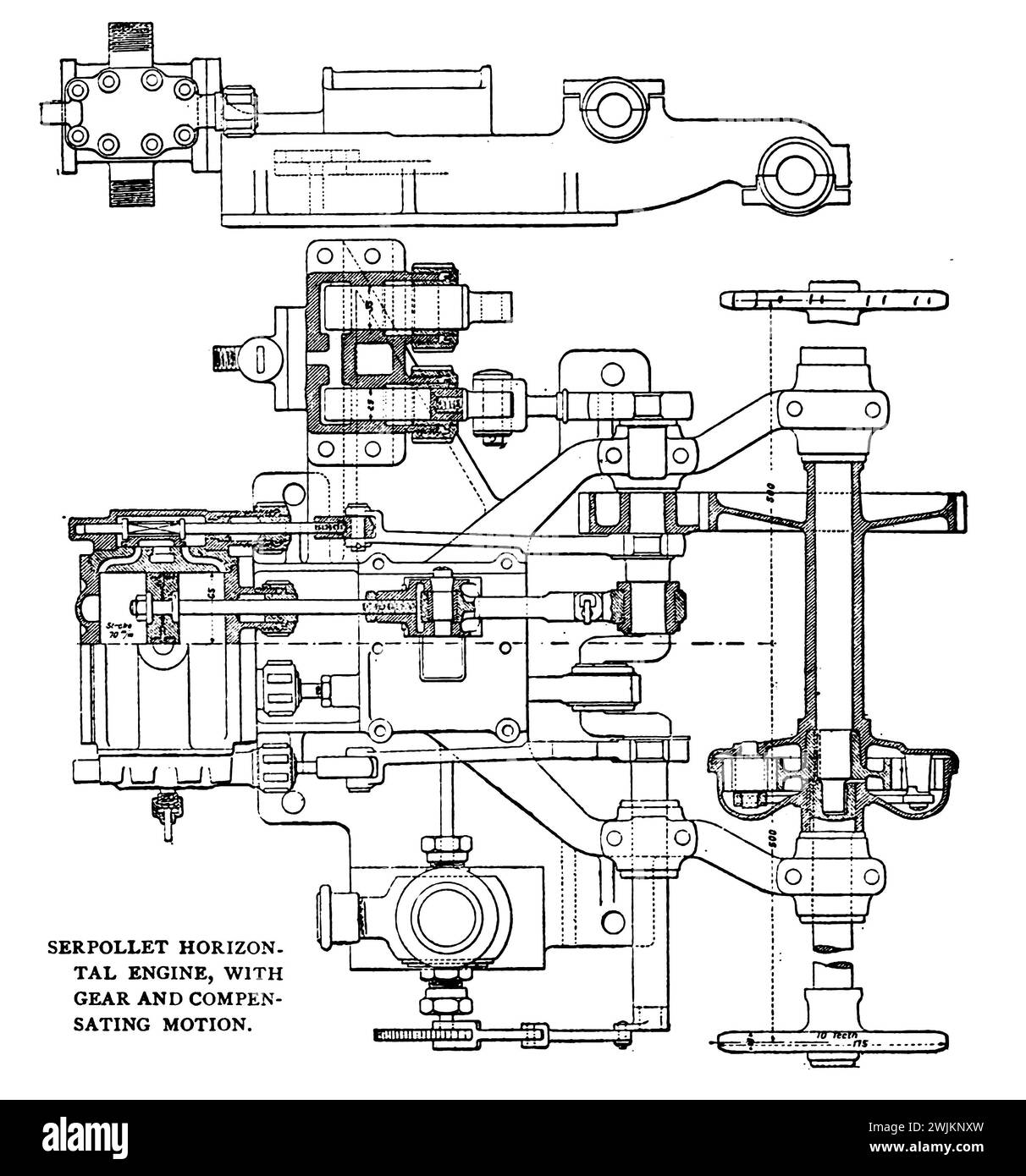 MOTORE SERPOLLET ORIZZONTALE, CON INGRANAGGIO E MOVIMENTO COMPENSATIVO. Dall'articolo LO STATO ATTUALE DELL'INDUSTRIA DEI TRASPORTI SENZA CAVALLI. Di W. Worby Beaumont. Dalla rivista Engineering dedicata al progresso industriale volume XI ottobre 1897, Engineering Magazine Co Foto Stock