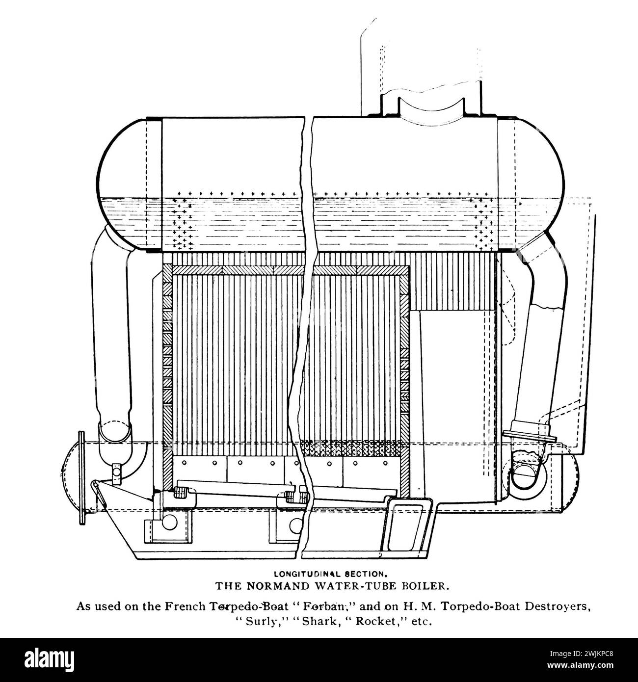 LA CALDAIA A TUBO D'ACQUA NORMAND. Come usato sul Torpedo-Boat francese ' Forban', e su H. M. Torpedo-Boat Destroyers, 'Surly', 'Shark', ' Rocket', ecc.. SEZIONE LONGITUDINALE. DALL'ARTICOLO LO STATO DELLA CALDAIA A TUBO D'ACQUA NEL MARE AMERICANO. Di Walter M. McFarland. Dalla rivista Engineering dedicata al progresso industriale volume XIV ottobre 1897 - marzo 1898 The Engineering Magazine Co Foto Stock