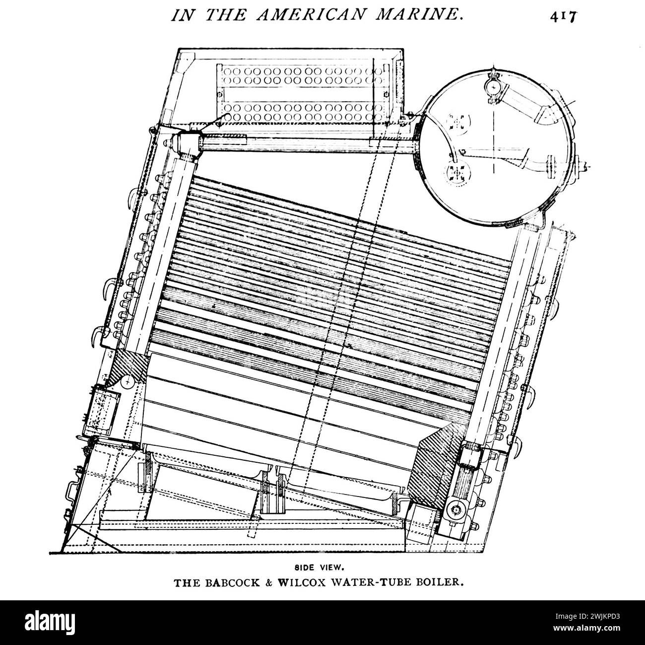 VISTA LATERALE DELLA CALDAIA A TUBO D'ACQUA BABCOCK E WILCOX DALL'ARTICOLO LO STATO DELLA CALDAIA A TUBO D'ACQUA NELLA MARINA AMERICANA. Di Walter M. McFarland. Dalla rivista Engineering dedicata al progresso industriale volume XIV ottobre 1897 - marzo 1898 The Engineering Magazine Co Foto Stock