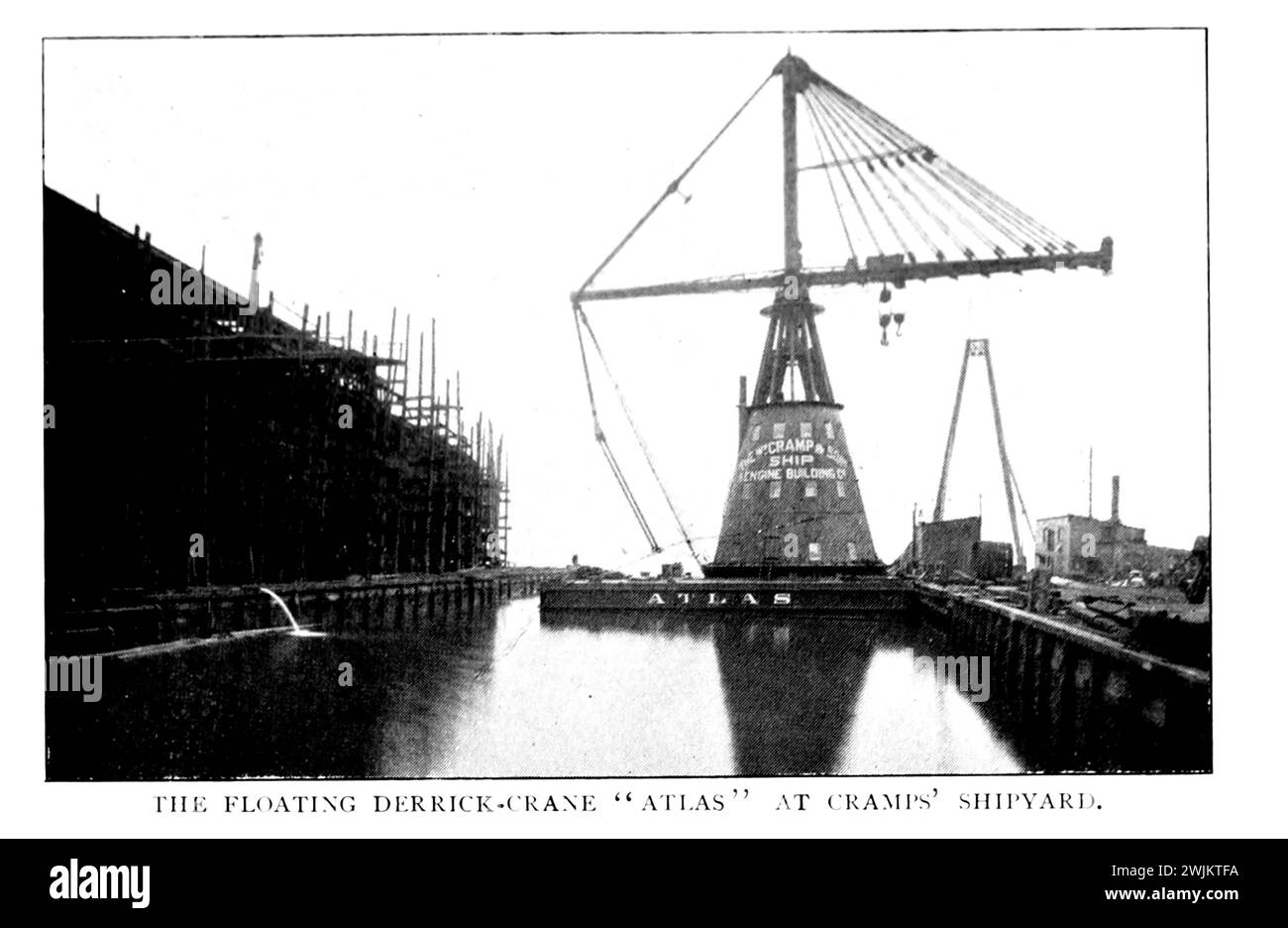 LA GRU DLRRICK FLOTTANTE. ATLAS AL CANTIERE DI CRAMPS. DALL'ARTICOLO LA COSTRUZIONE DI NAVI COME INDUSTRIA PRODUTTIVA IN GRAN BRETAGNA. Di James McKechnie. PARTE IV RAPPORTO TRA PRODUZIONE E SALARI IL FATTORE DECISIVO NELL'AUMENTO DELLA CONCORRENZA. Dalla rivista Engineering dedicata al progresso industriale volume XIV ottobre 1897 - marzo 1898 The Engineering Magazine Co Foto Stock