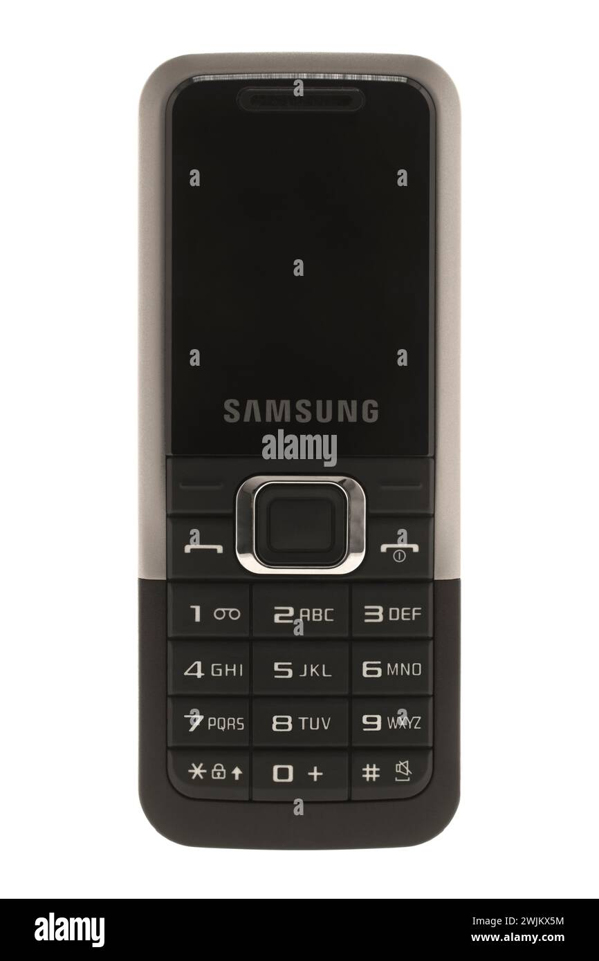 Telefono cellulare Samsung E1120 su sfondo bianco Foto Stock