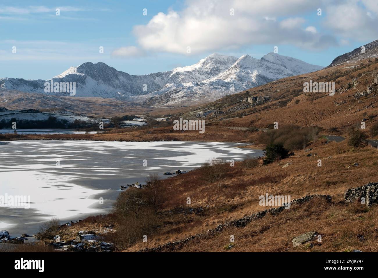 YR Wyddfa, (Snowdon,) Llyn Mymbyr, Capel Curig, Gwynedd, Galles del Nord, Regno Unito. Foto Stock
